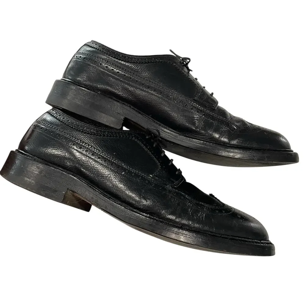 Hanover Black Wingtip Shoes Men 8.5 Leather Dress Lace Up Oxfords Vintage READ